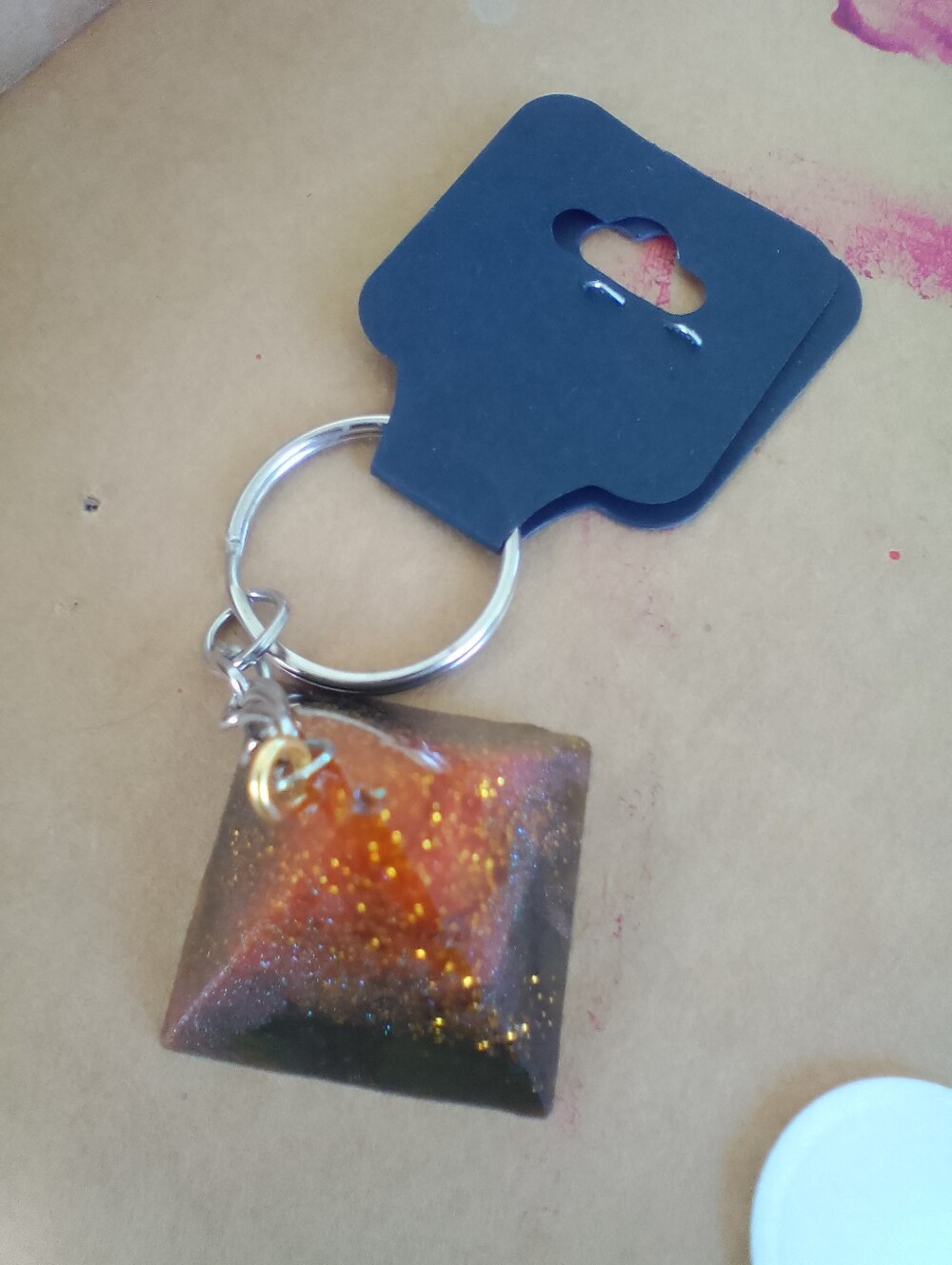 Resin Pyramid Keychain - Orange Glitter